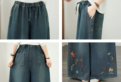 Vintage Embroidered Wide-Leg Jeans with Elastic Waist