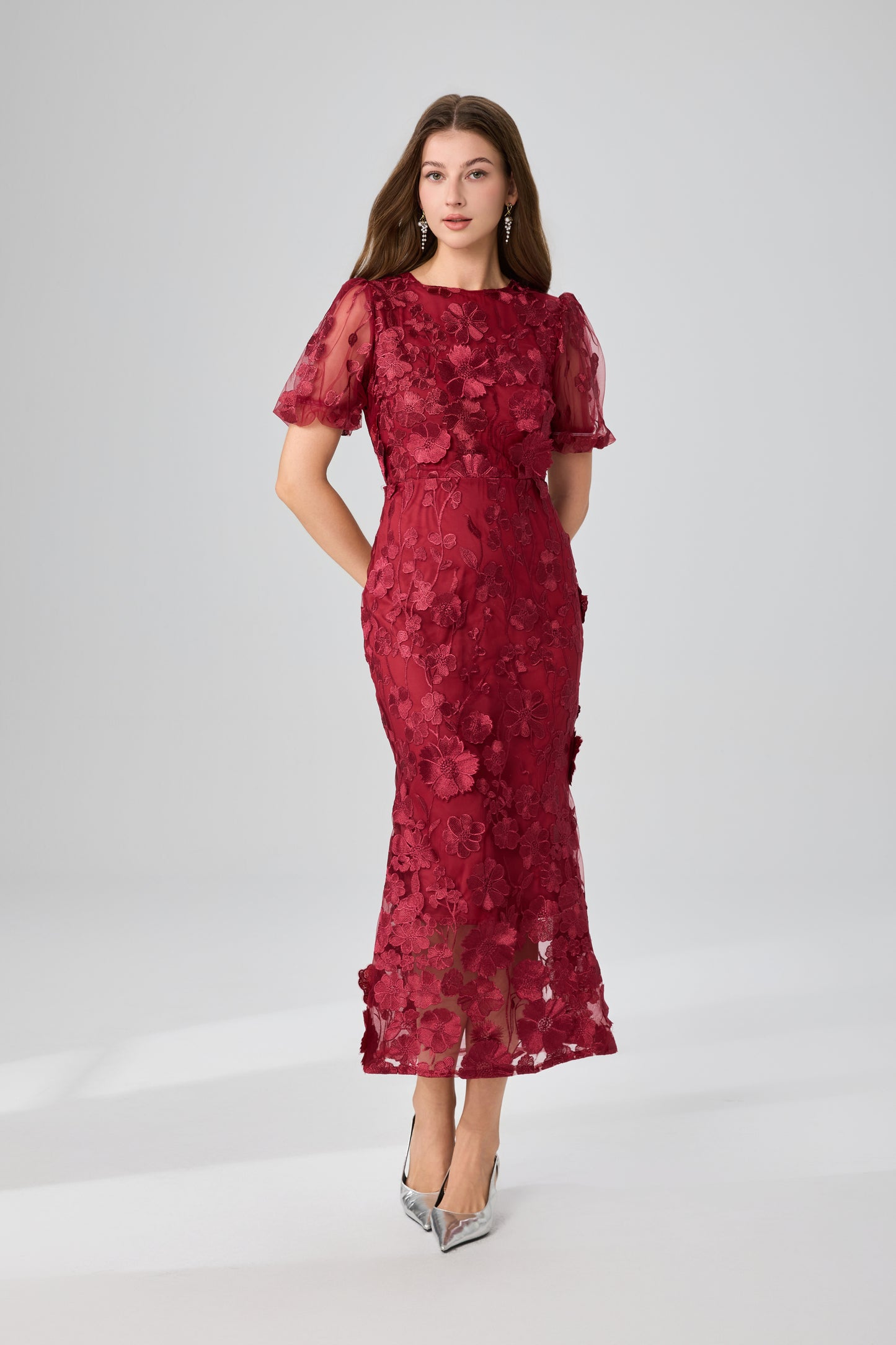 Women's 3D Floral Short Sleeves Fishtail Mesh Maxi Dress
