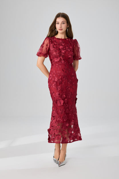 Women's 3D Floral Short Sleeves Fishtail Mesh Maxi Dress