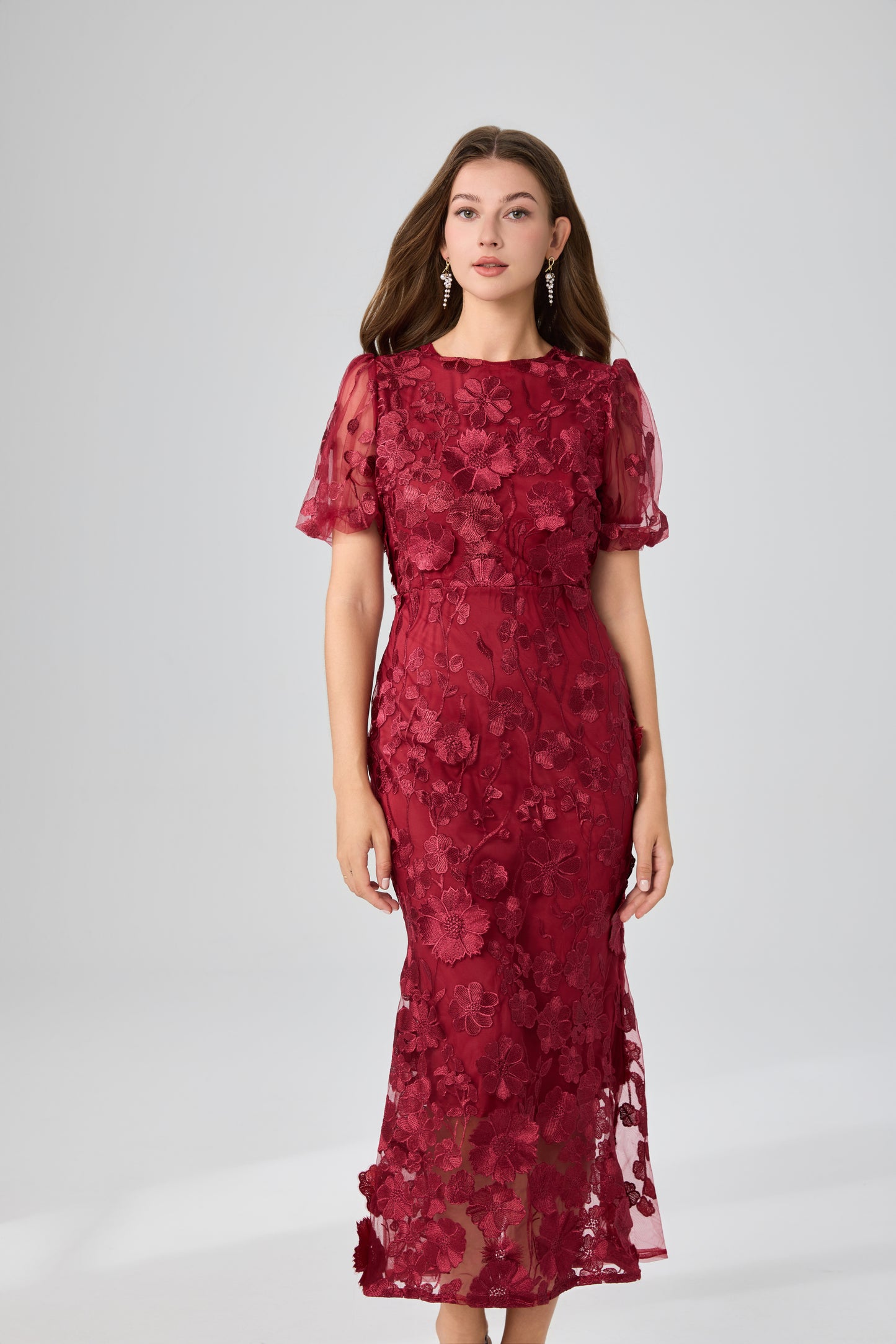Women's 3D Floral Short Sleeves Fishtail Mesh Maxi Dress