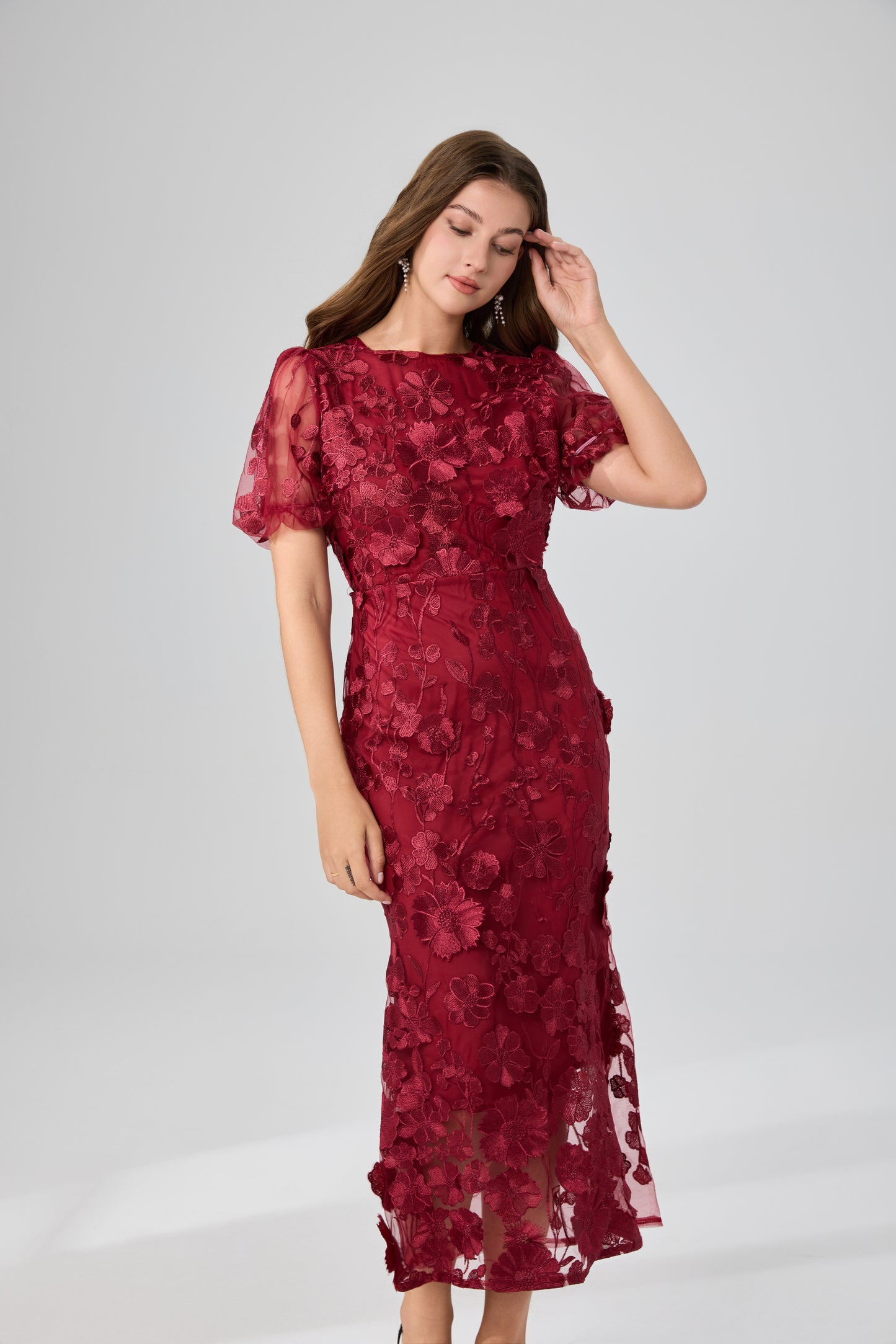Women's 3D Floral Short Sleeves Fishtail Mesh Maxi Dress