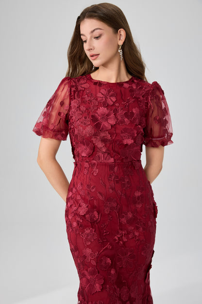Women's 3D Floral Short Sleeves Fishtail Mesh Maxi Dress