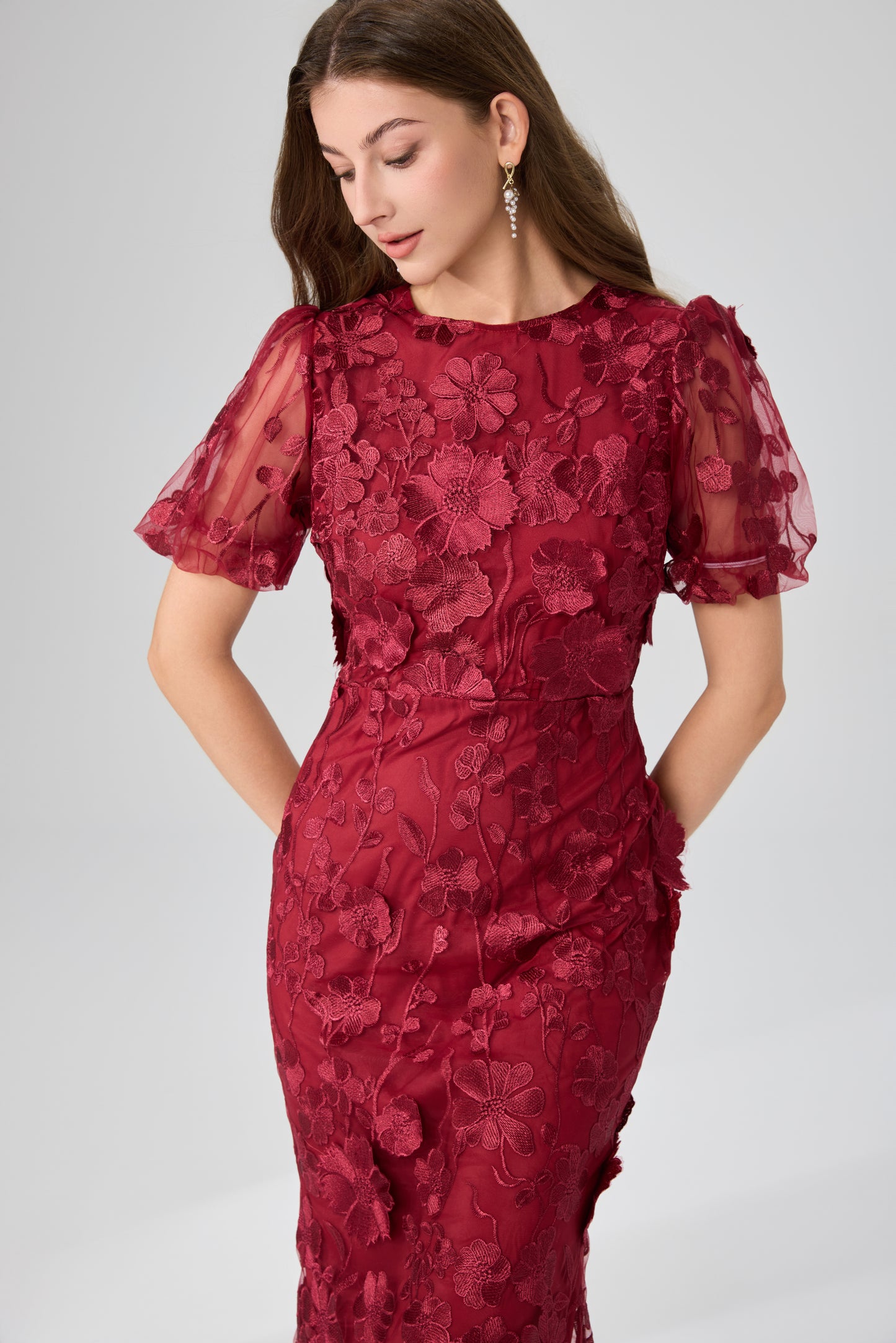 Women's 3D Floral Short Sleeves Fishtail Mesh Maxi Dress