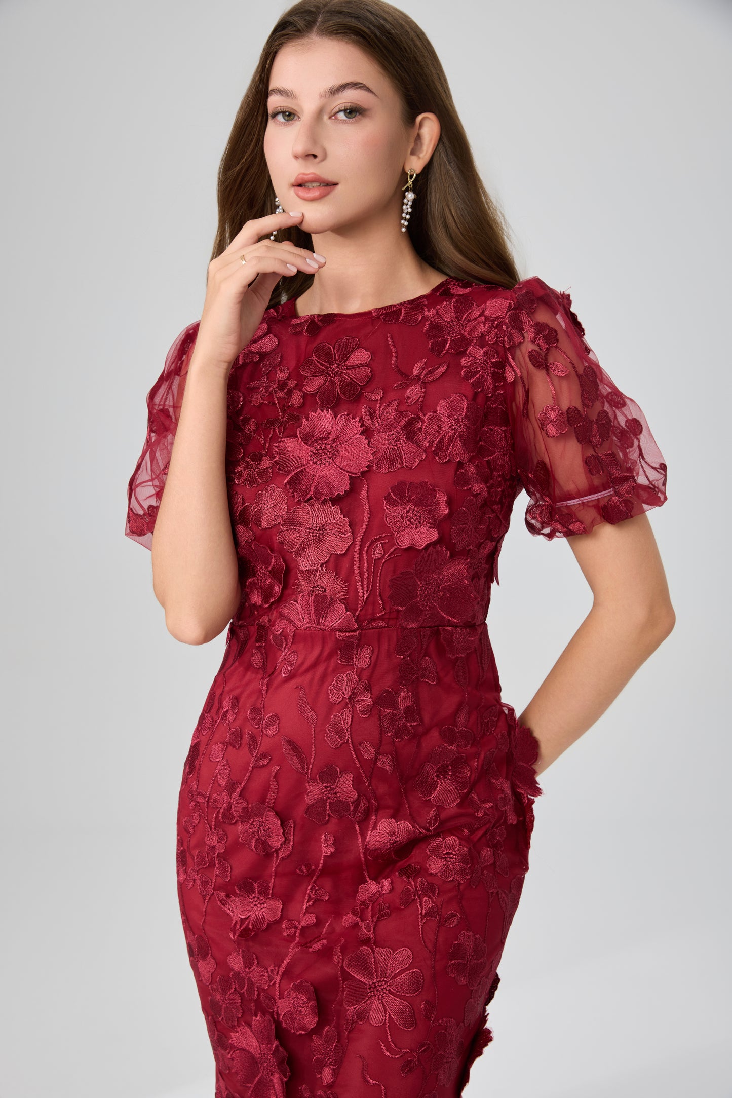 Women's 3D Floral Short Sleeves Fishtail Mesh Maxi Dress