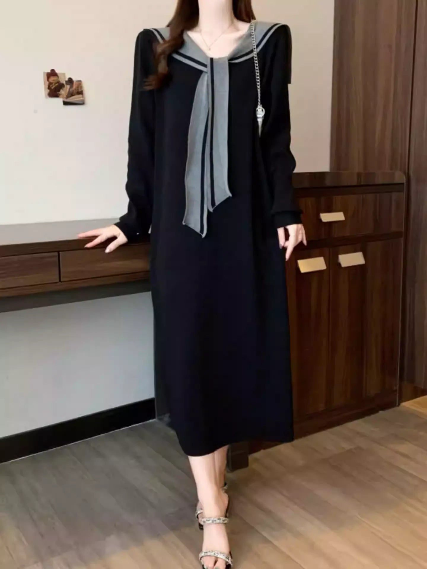 Women's V-Neck Sailor Stripe Sweater Knit Dress
