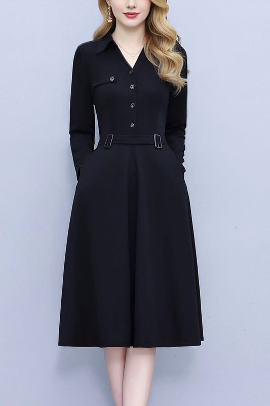 Women's V-Neck with Pockets Long Sleeve Black Dress