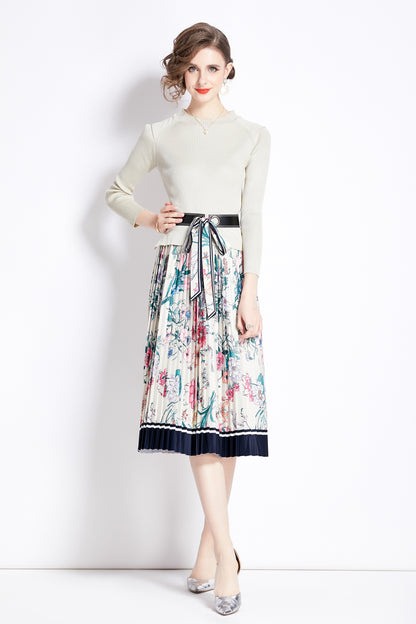 Women's Pleated Elastic Print Skirt & Knit Top Dress