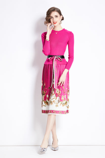 Women's Pleated Elastic Print Skirt & Knit Top Dress