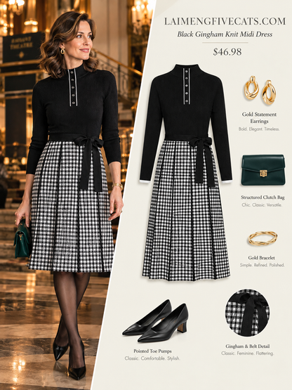 25133 Elegant 2-in-1 Knit Dress: Turtleneck, Faux Button Detail & Plaid Pleated Dress