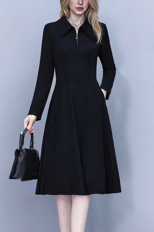 Women's V-Neck with Pockets Long Sleeve Black Dress