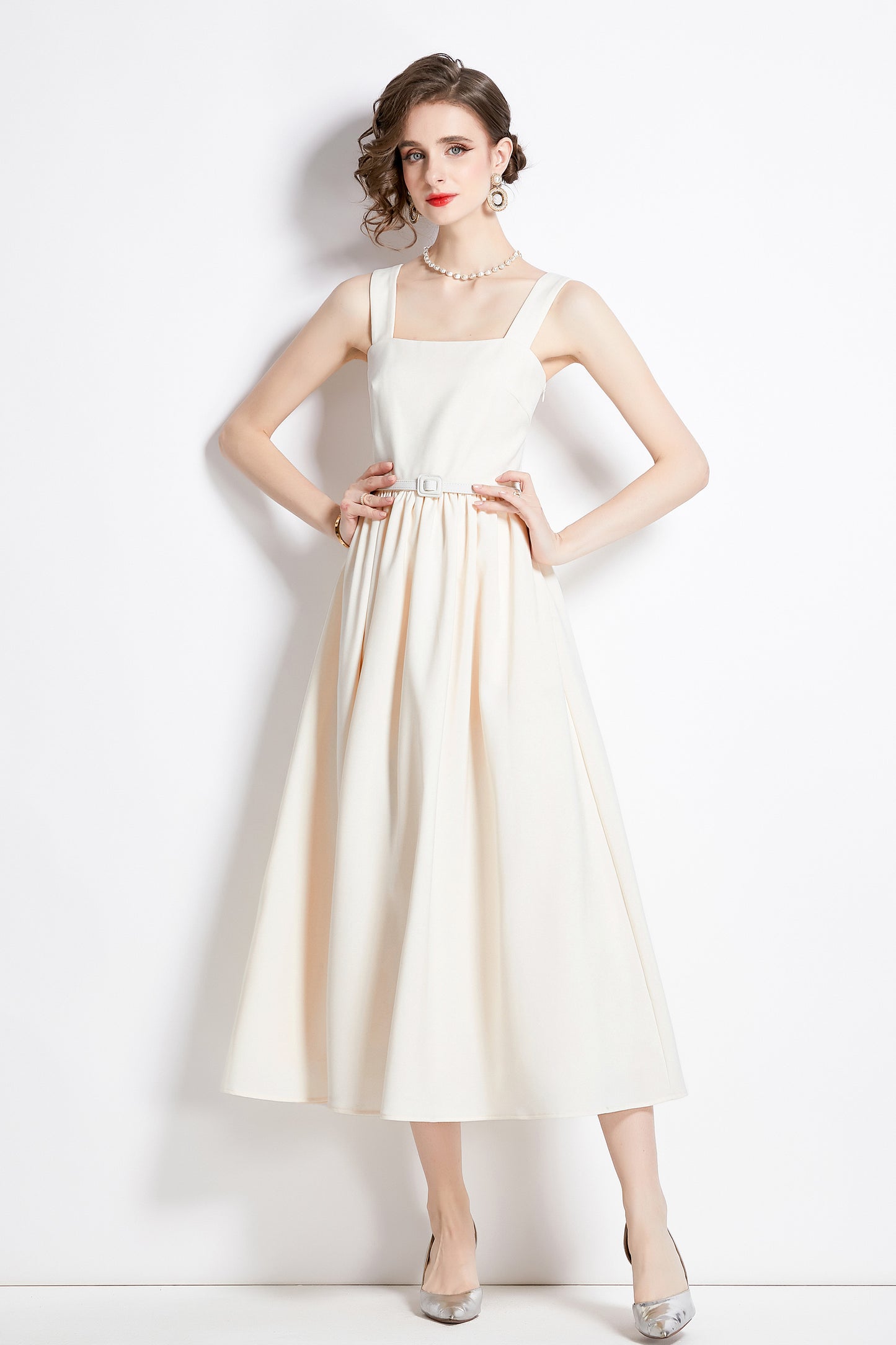 Women's Elegant Sleeveless Solid Midi Dress with Belt