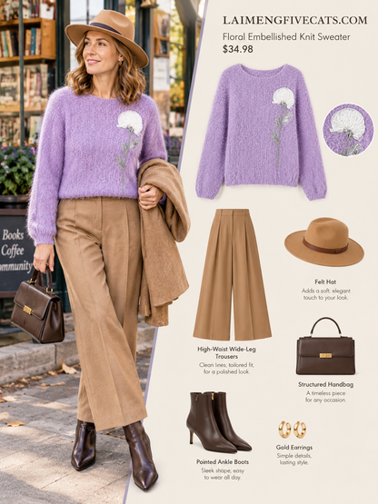 28685 Floral Embellished Cozy Knit Sweater – Soft Pink, Lavender & Butter Yellow