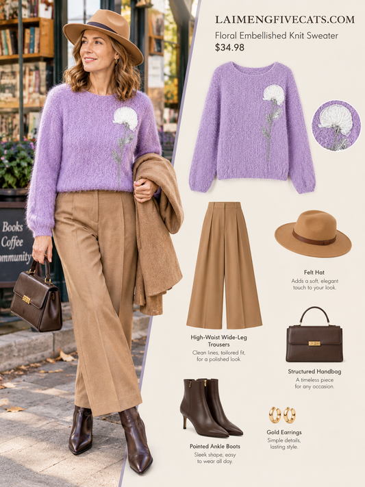 28685 Floral Embellished Cozy Knit Sweater – Soft Pink, Lavender & Butter Yellow - LAI MENG FIVE CATS