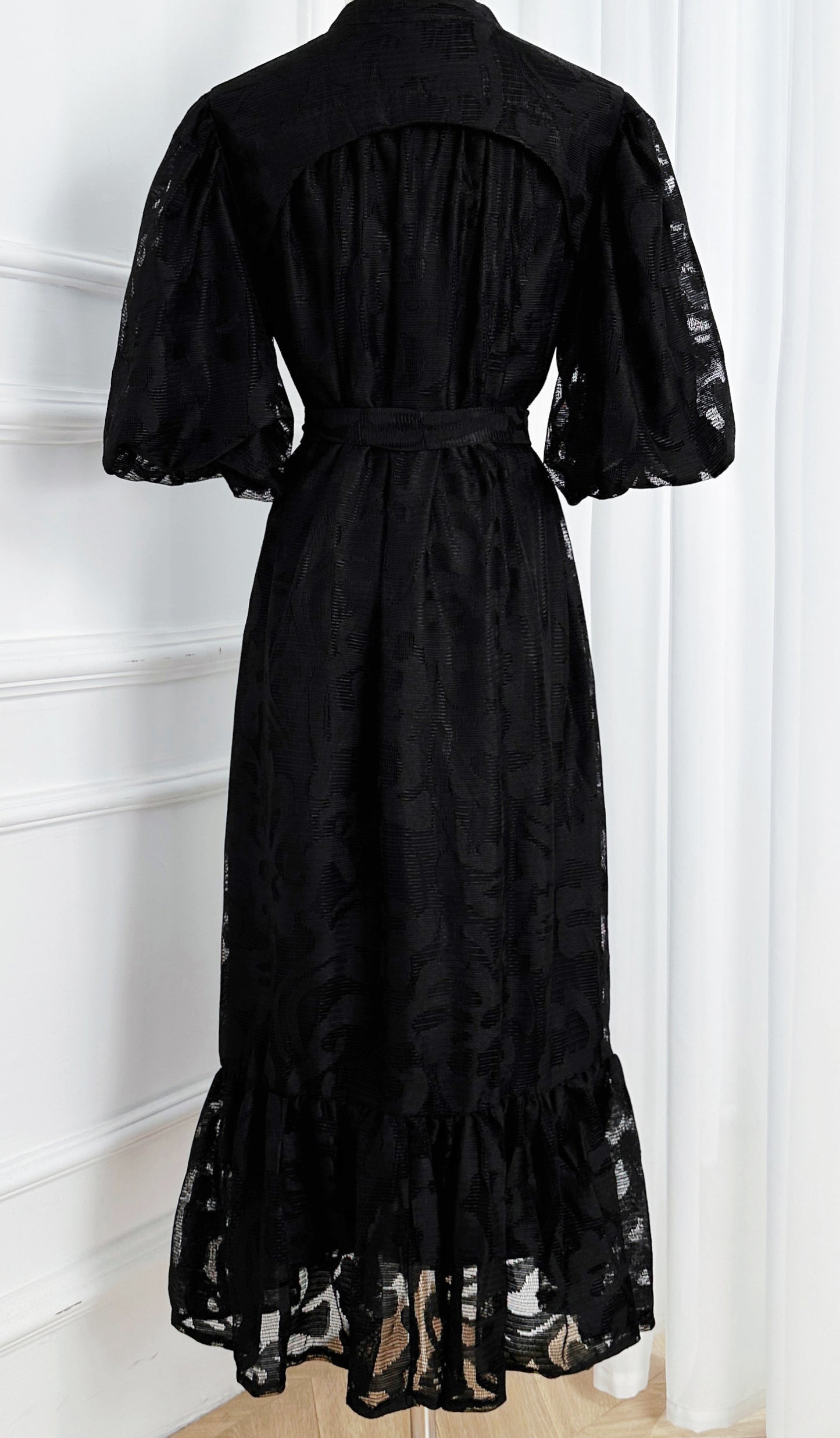 Black Lace Button Front Midi Dress | Elegant Evening Dress