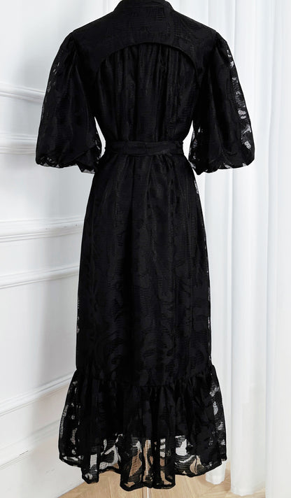 Black Lace Button Front Midi Dress | Elegant Evening Dress