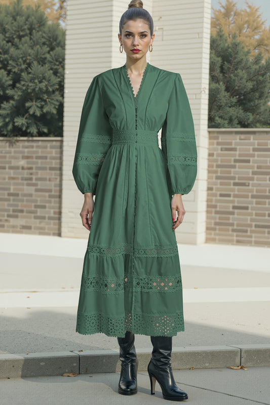 Womens Hollow Buttons Puffy Sleeves Midi Dress