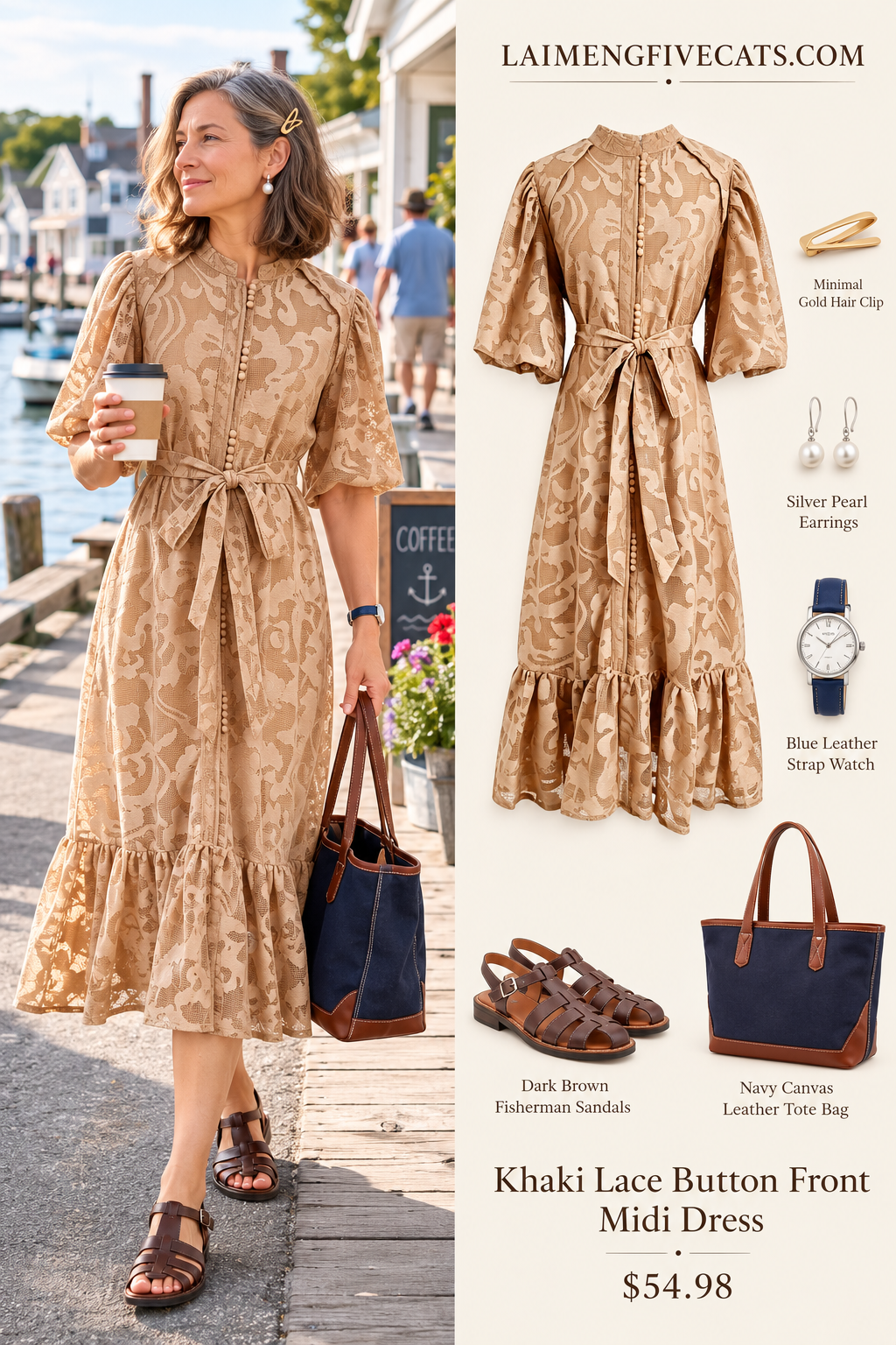 Khaki Lace Button Front Midi Dress | Coastal Summer Style