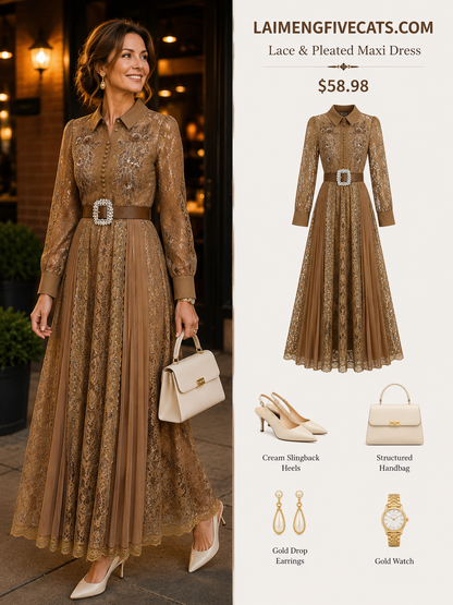Lace & Chiffon Maxi Dress – Elegant Long Sleeve Dress with Crystal Belt