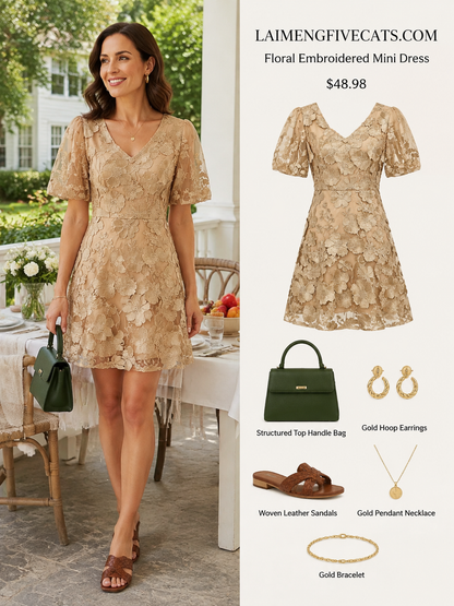 Khaki Floral Embroidered V-neck Elegant Mini Dress