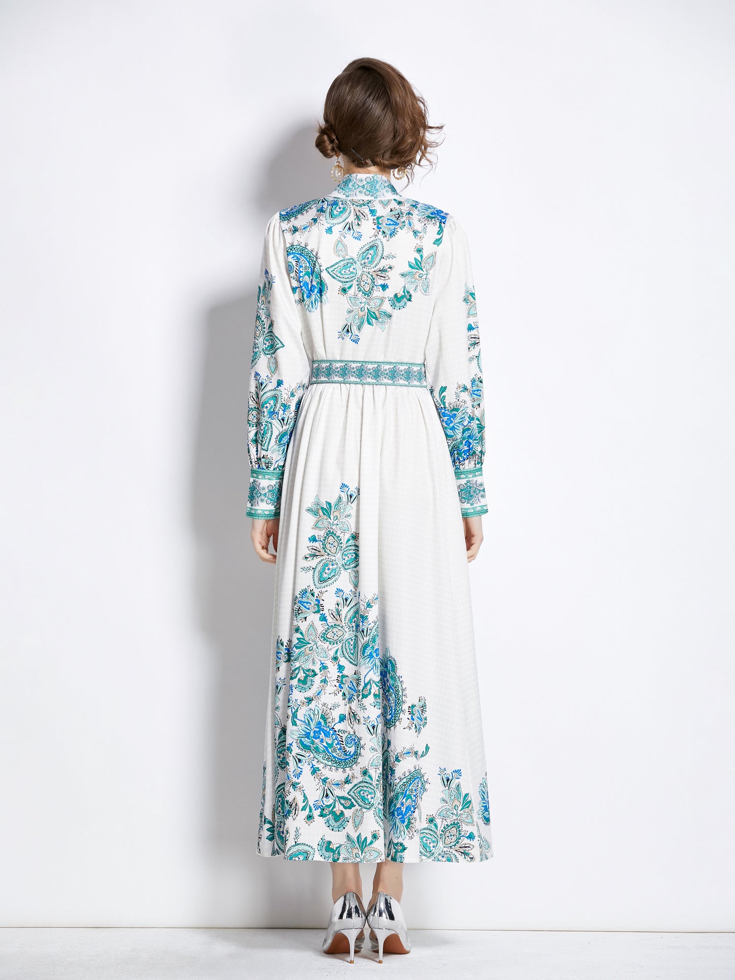 Vintage Floral Print Flowy Maxi Belt Dress