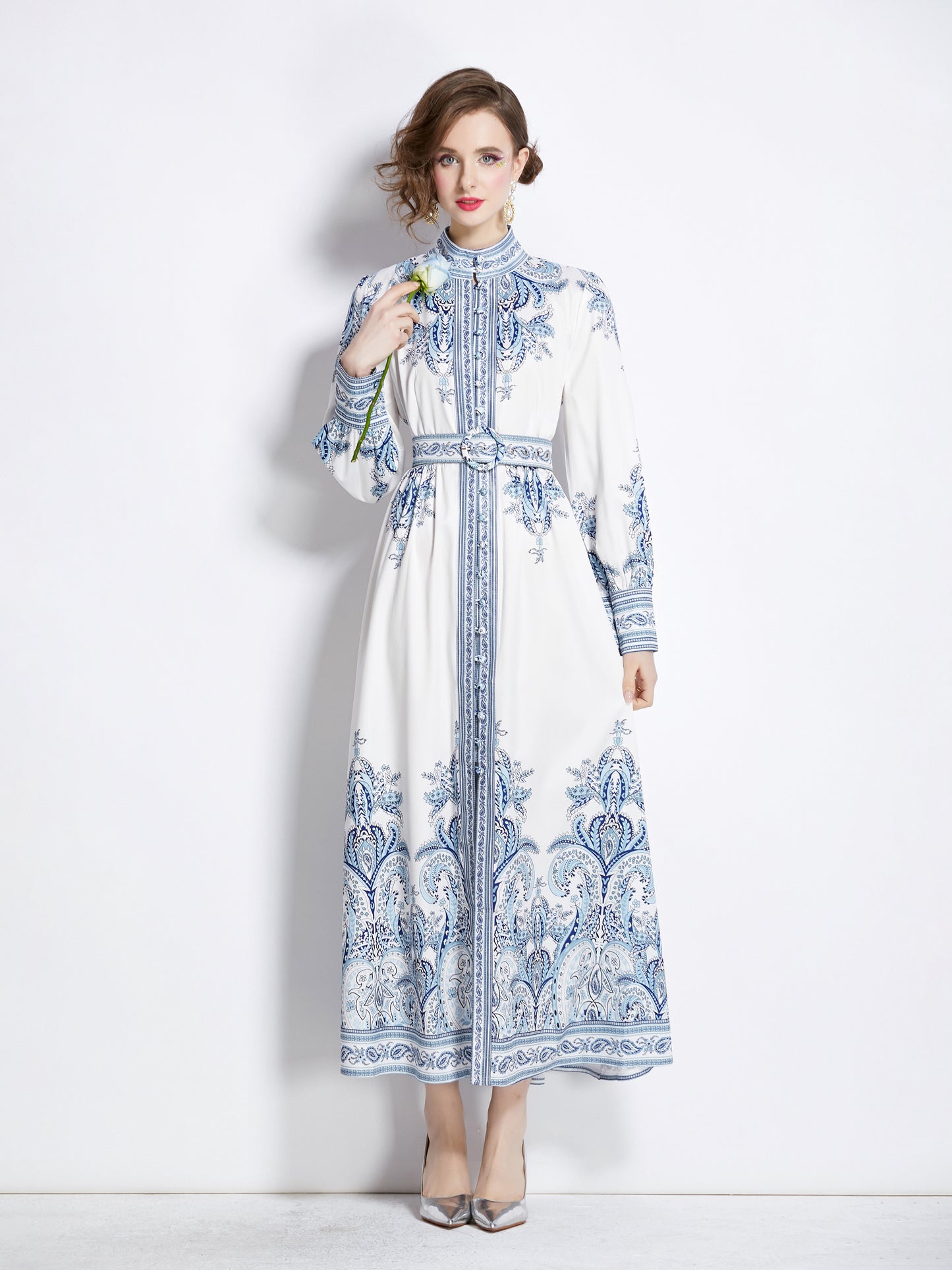 Women's Floral Print Button Up Split Maxi Dress