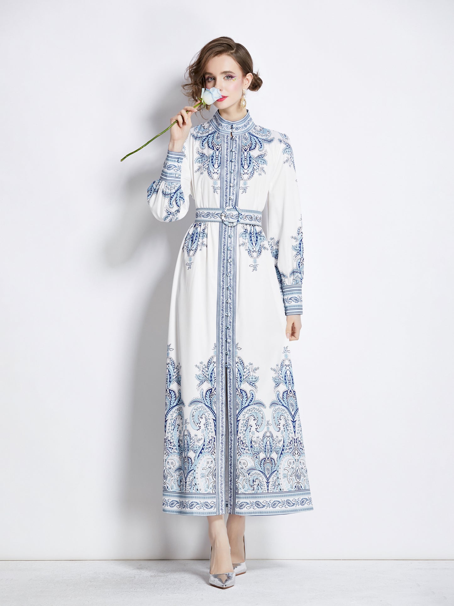 Women's Floral Print Button Up Split Maxi Dress