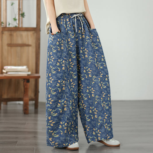 Women's Wide Leg Jeans Lightweight Wasited Elastic Print Y2K Pants - LAI MENG FIVE CATS