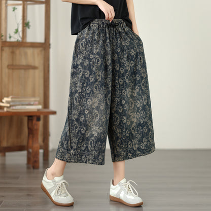 Paisley Print Cropped Wide Leg Denim Pants
