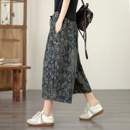 Paisley Print Cropped Wide Leg Denim Pants