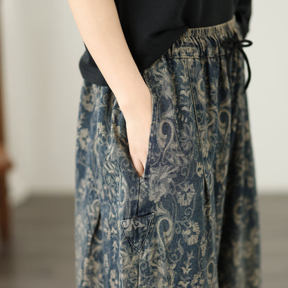Paisley Print Cropped Wide Leg Denim Pants