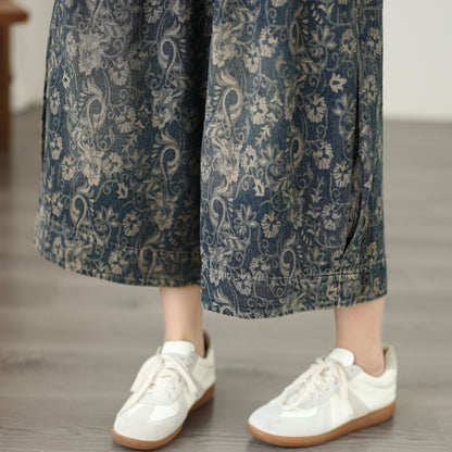 Paisley Print Cropped Wide Leg Denim Pants