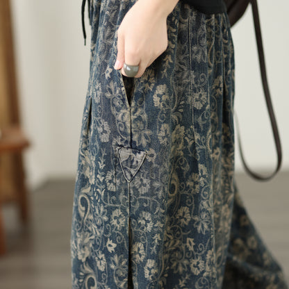 Paisley Print Cropped Wide Leg Denim Pants