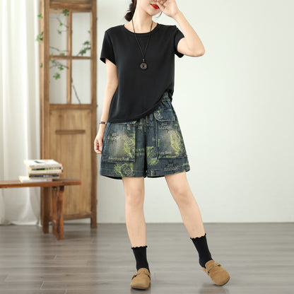 Women's Jeans Elastic Waist Wide Leg Denim Short