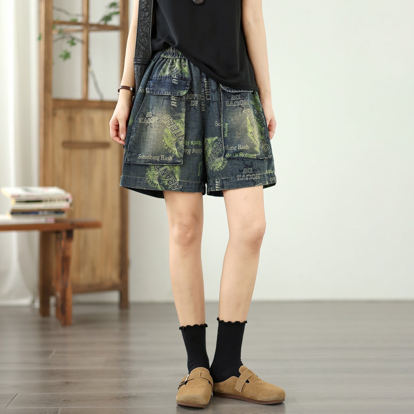 Women's Jeans Elastic Waist Wide Leg Denim Short