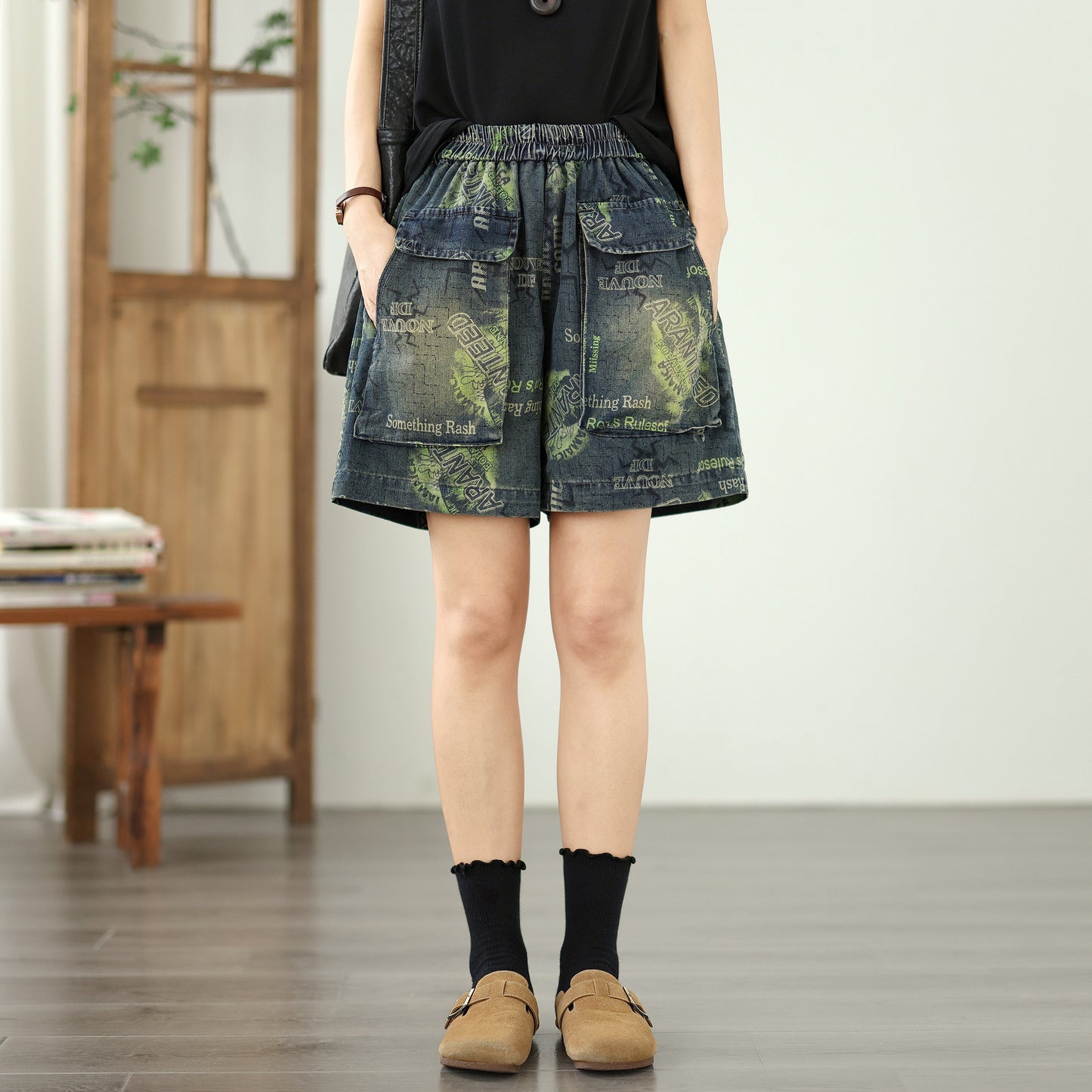 Women's Jeans Elastic Waist Wide Leg Denim Short