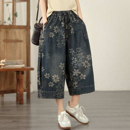 Floral Print Cropped Wide Leg Denim Pant