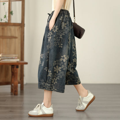 Floral Print Cropped Wide Leg Denim Pant