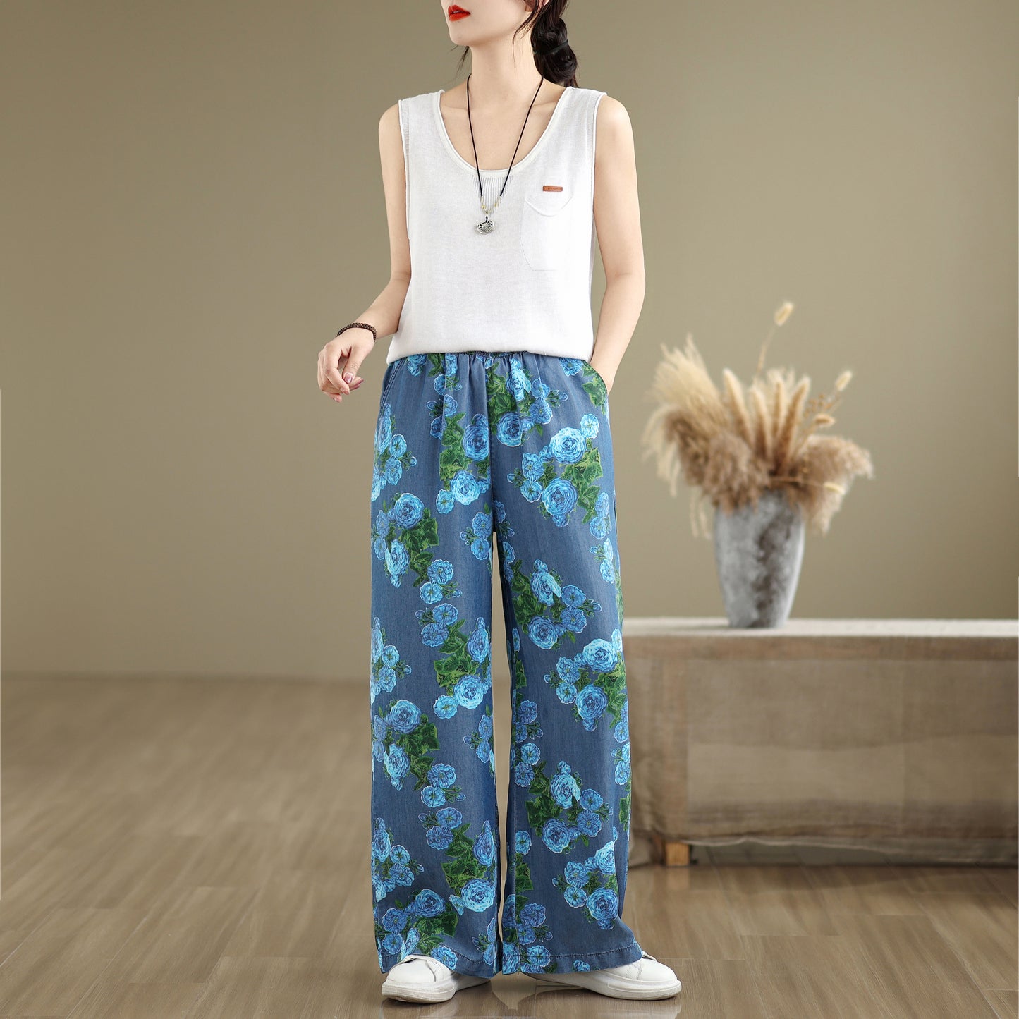 Women's Print Jeans Elastic Waist Wide Leg Pants