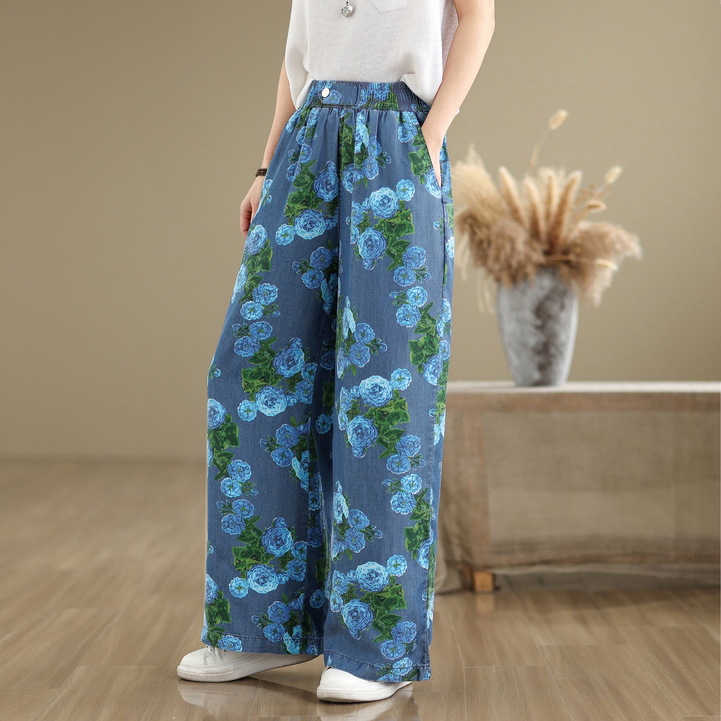 Women's Print Jeans Elastic Waist Wide Leg Pants