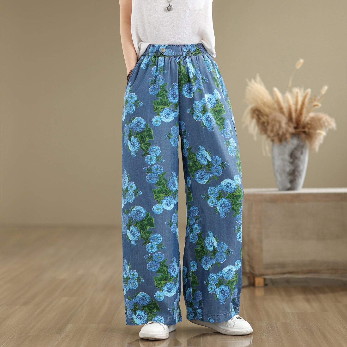 Women's Print Jeans Elastic Waist Wide Leg Pants