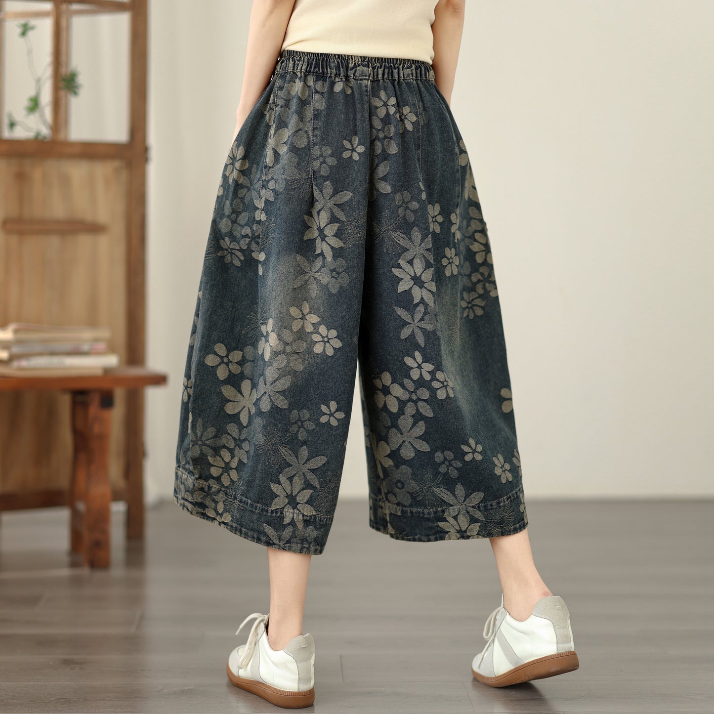 Women's Wide-Leg Cropped Denim Pants – Elastic Waist