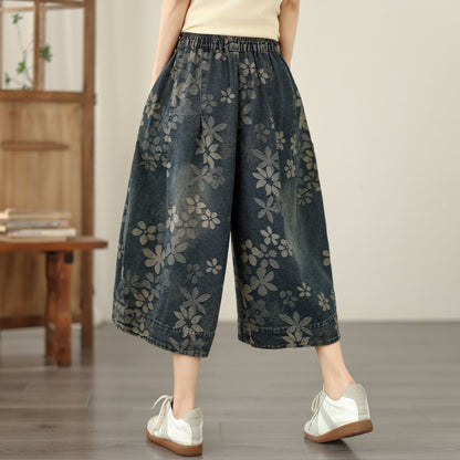 Women's Wide-Leg Cropped Denim Pants – Elastic Waist