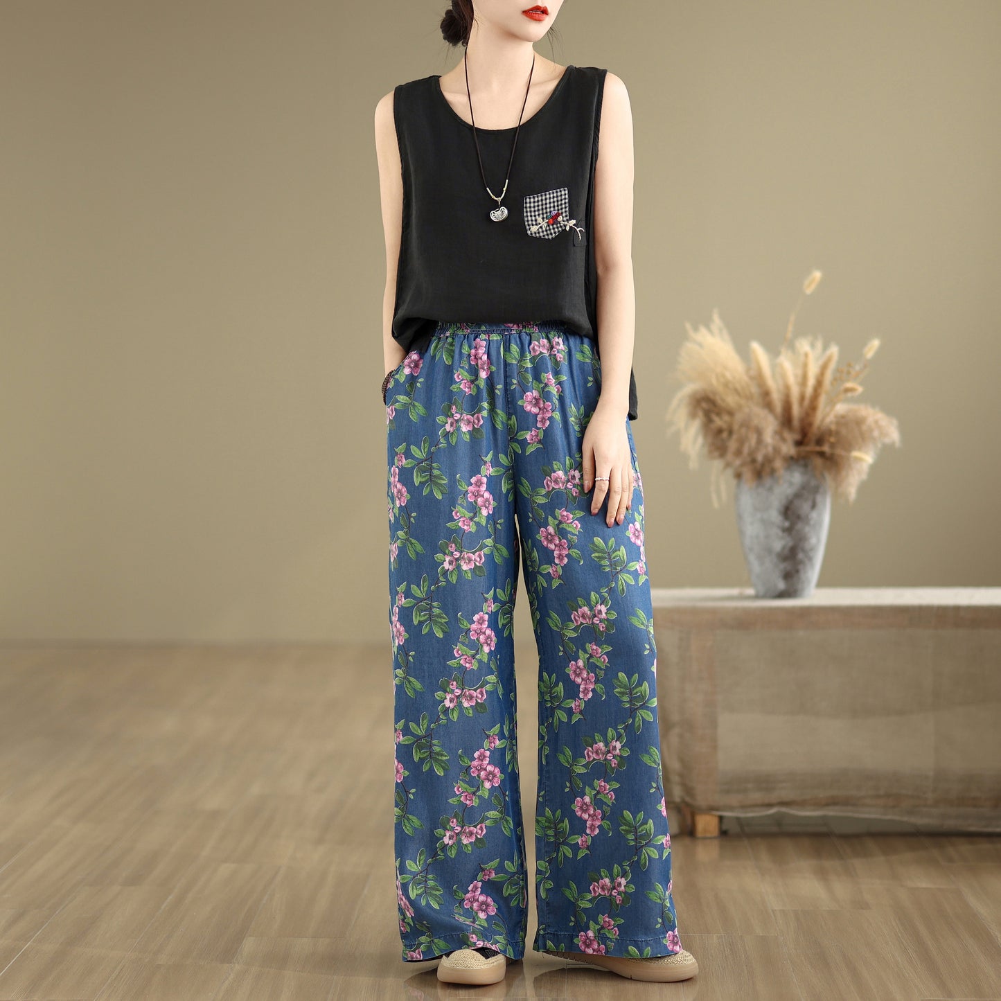 Women's Print Jeans Elastic Waist Wide Leg Pants