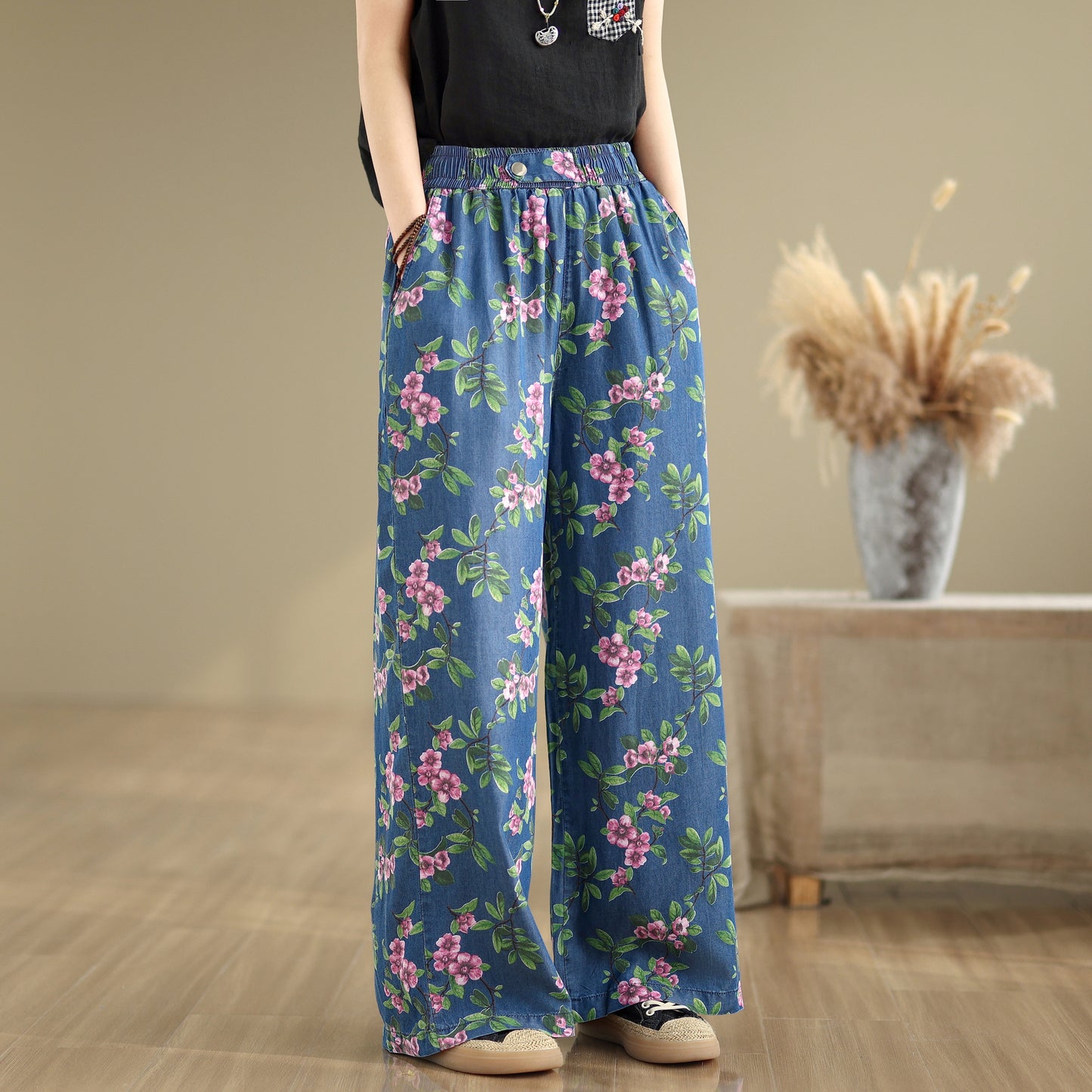 Women's Print Jeans Elastic Waist Wide Leg Pants