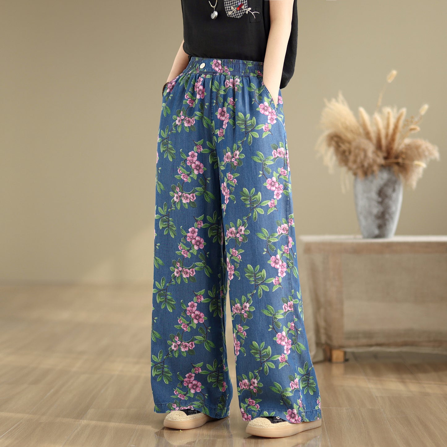 Women's Print Jeans Elastic Waist Wide Leg Pants