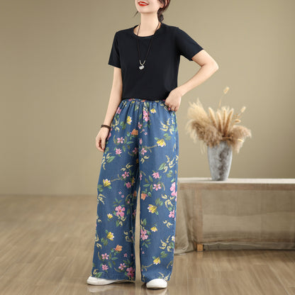 Women's Print Jeans Elastic Waist Wide Leg Pants