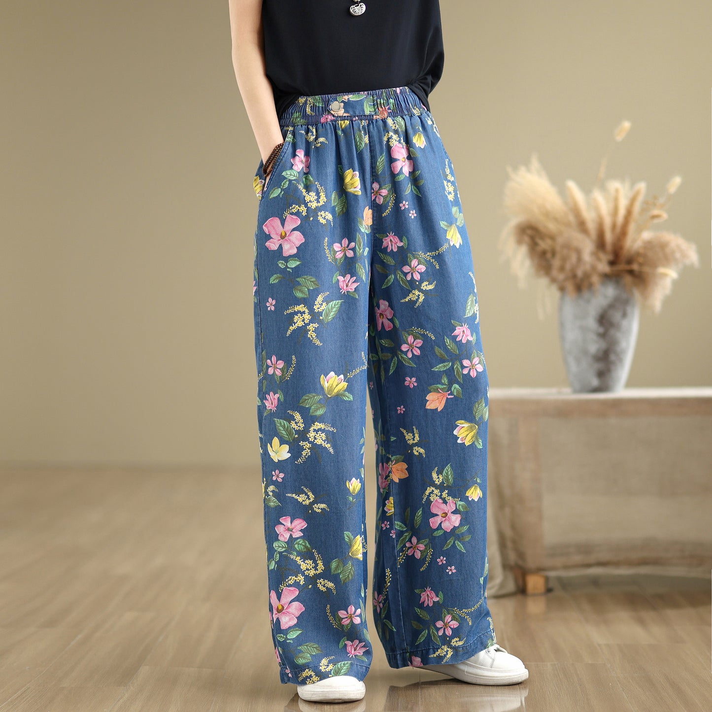 Women's Print Jeans Elastic Waist Wide Leg Pants