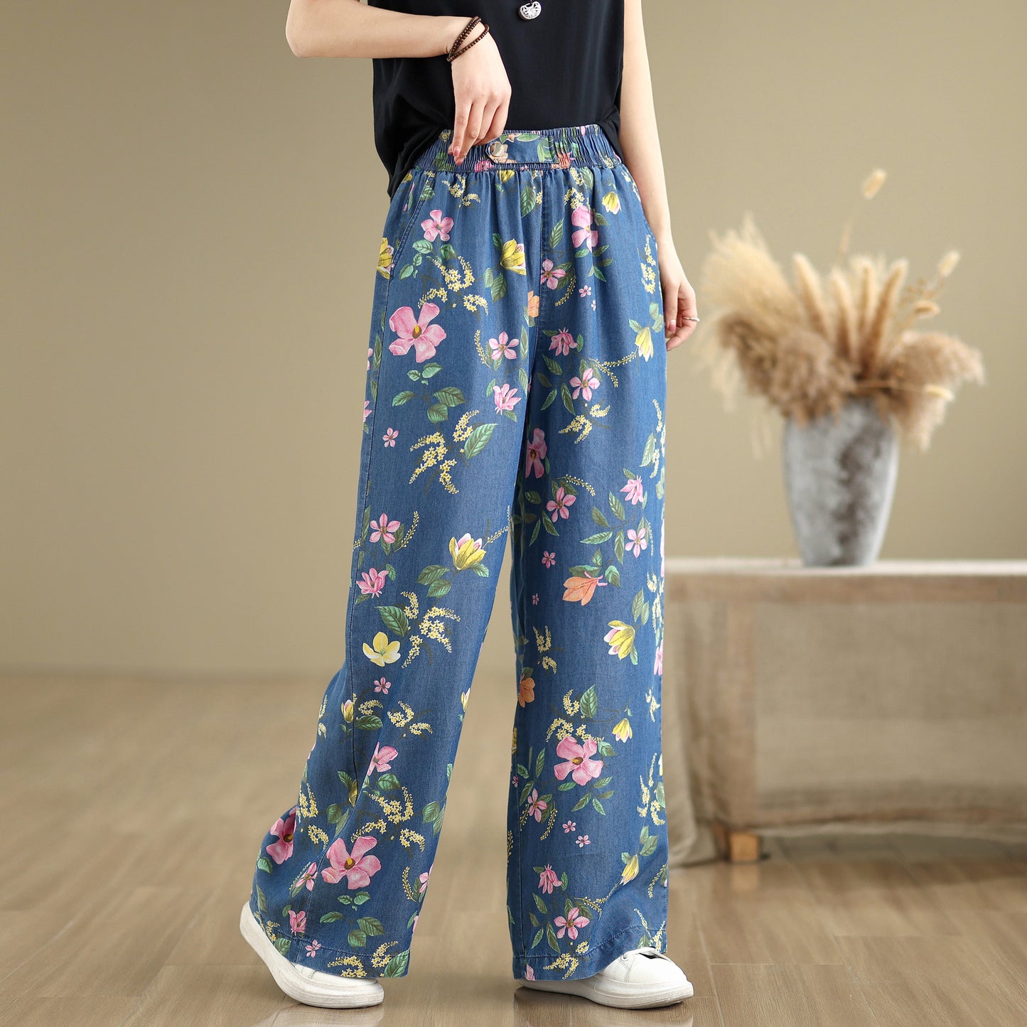 Women's Print Jeans Elastic Waist Wide Leg Pants