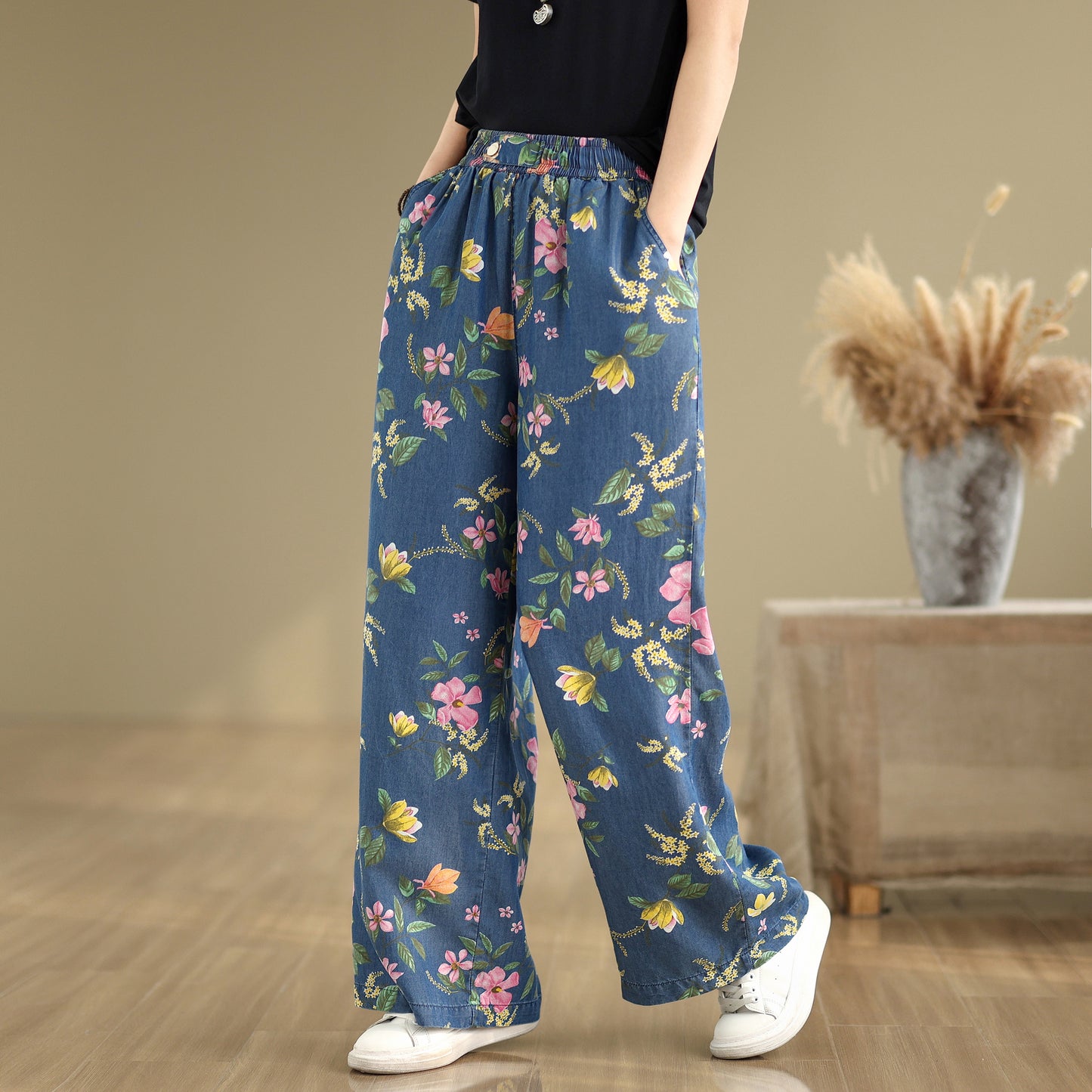 Women's Print Jeans Elastic Waist Wide Leg Pants