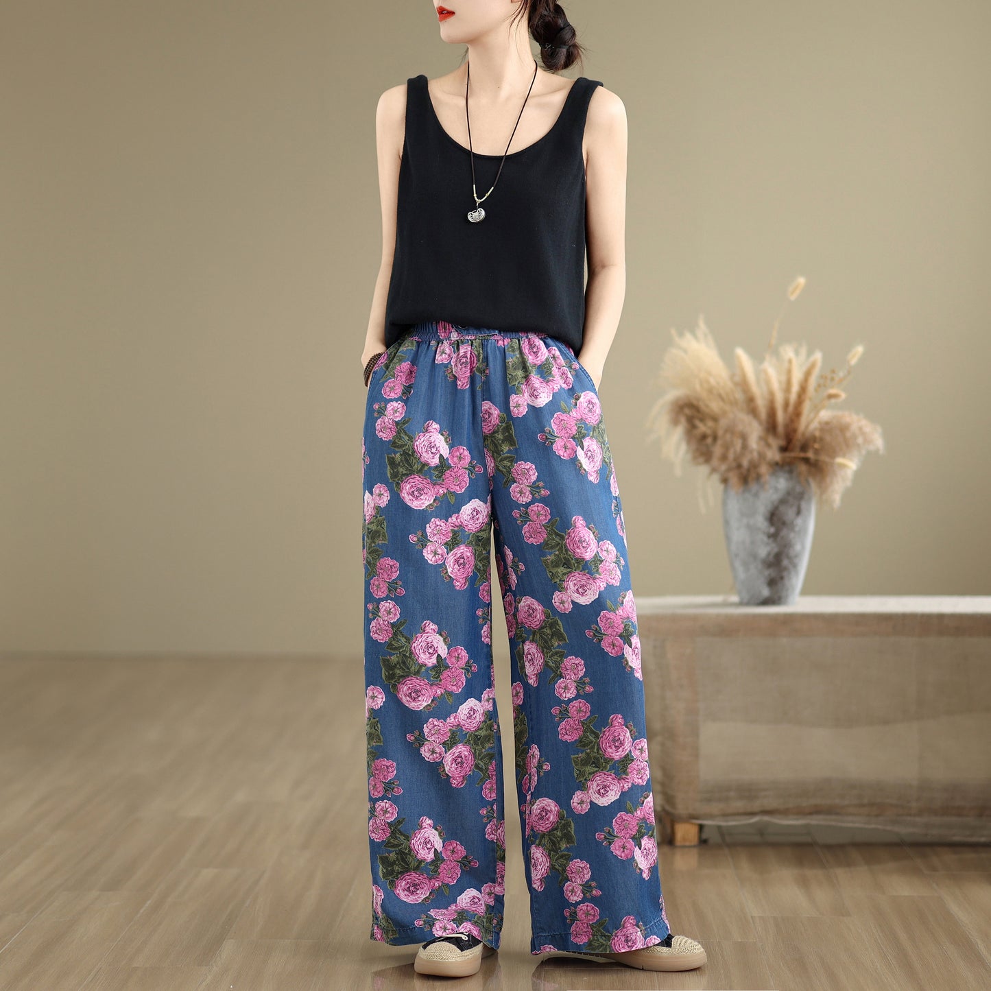 Women's Print Jeans Elastic Waist Wide Leg Pants